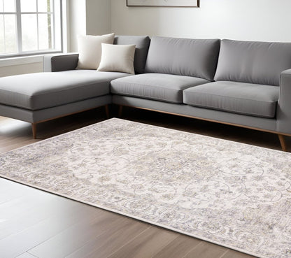 9' X 12' Beige Gold And Grey Oriental Power Loom Stain Resistant Area Rug