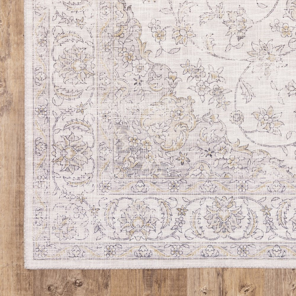 9' X 12' Beige Gold And Grey Oriental Power Loom Stain Resistant Area Rug