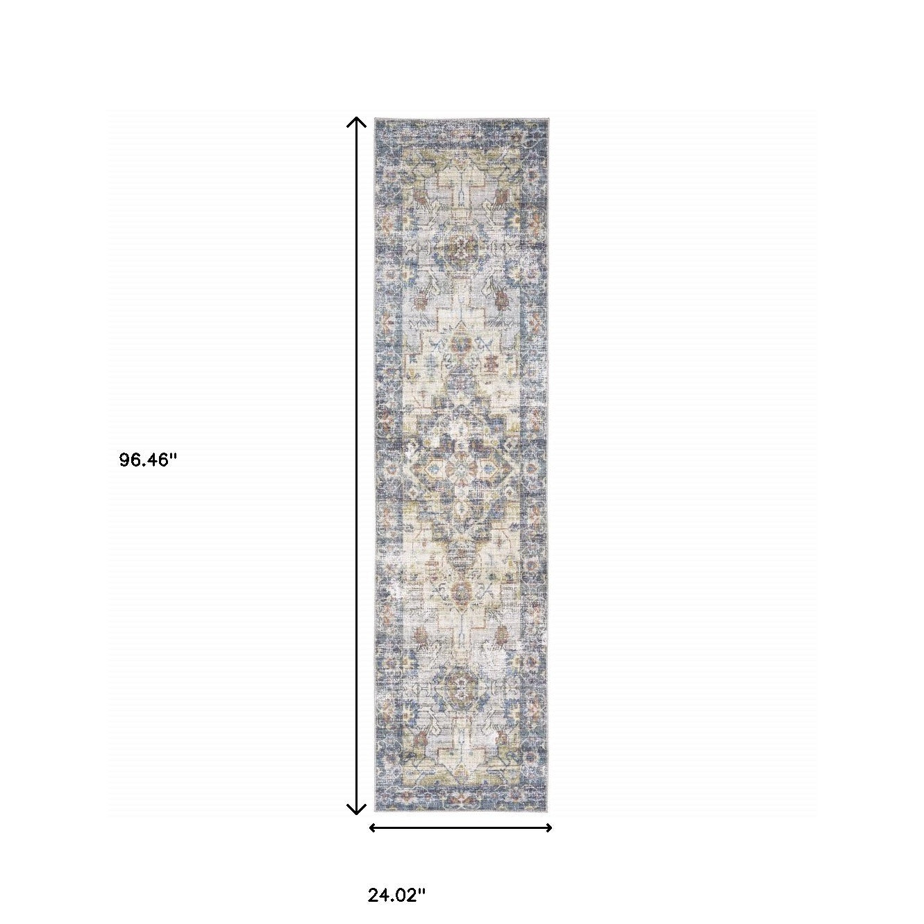 2' X 8' Blue Gold Grey Orange Yellow And Purple Oriental Power Loom Stain Resistant Runner Rug