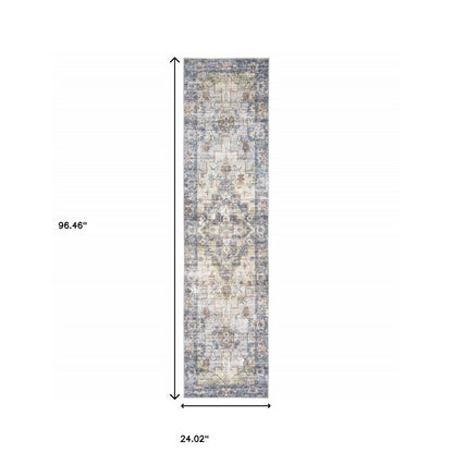 8' Blue And Gold Oriental Distressed Runner Rug
