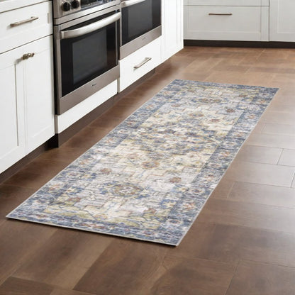8' Blue And Gold Oriental Distressed Runner Rug