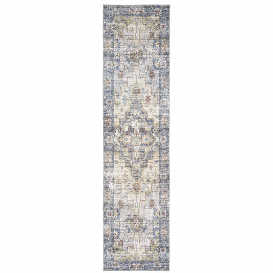 8' Blue And Gold Oriental Distressed Runner Rug