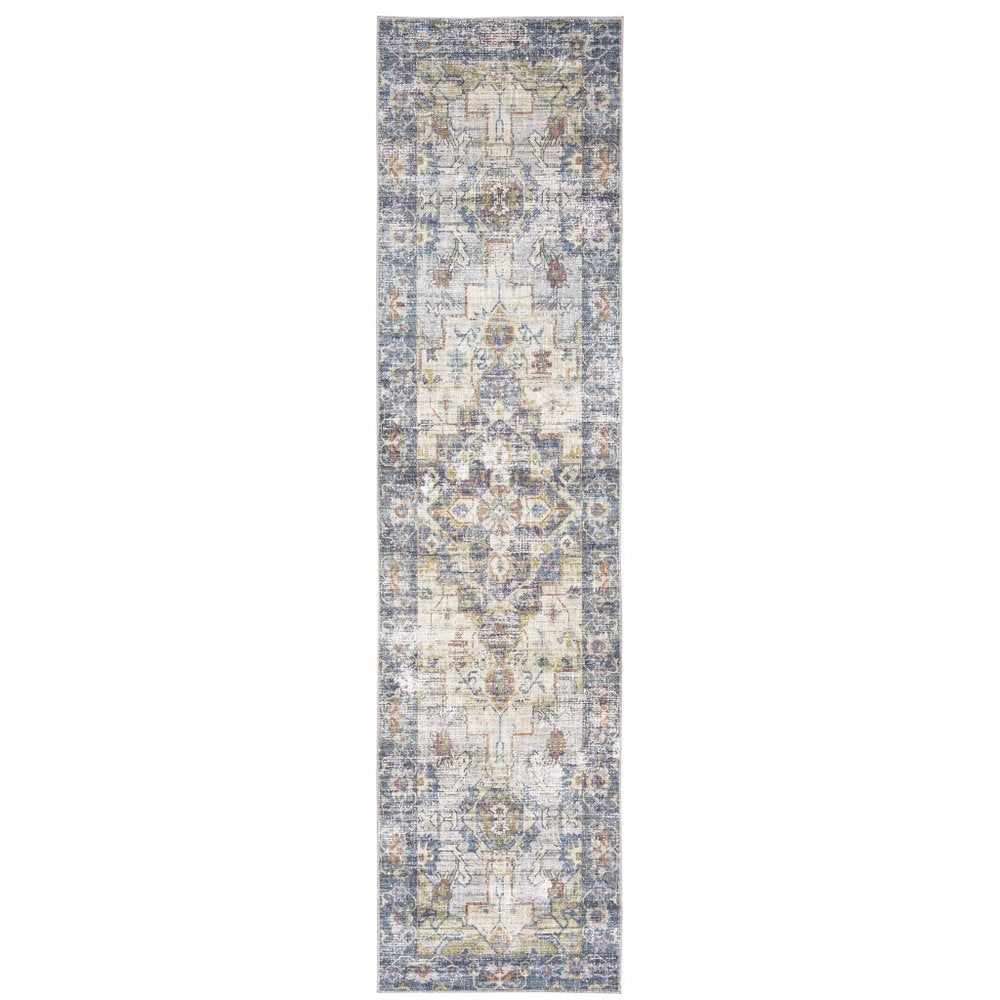 8' Blue And Gold Oriental Distressed Runner Rug