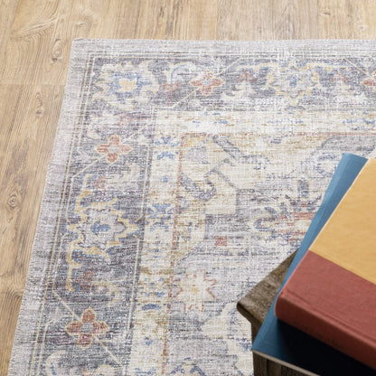 8' Blue And Gold Oriental Distressed Runner Rug