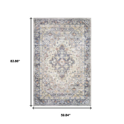 5' X 7' Blue Gold Grey Orange Yellow And Purple Oriental Power Loom Stain Resistant Area Rug