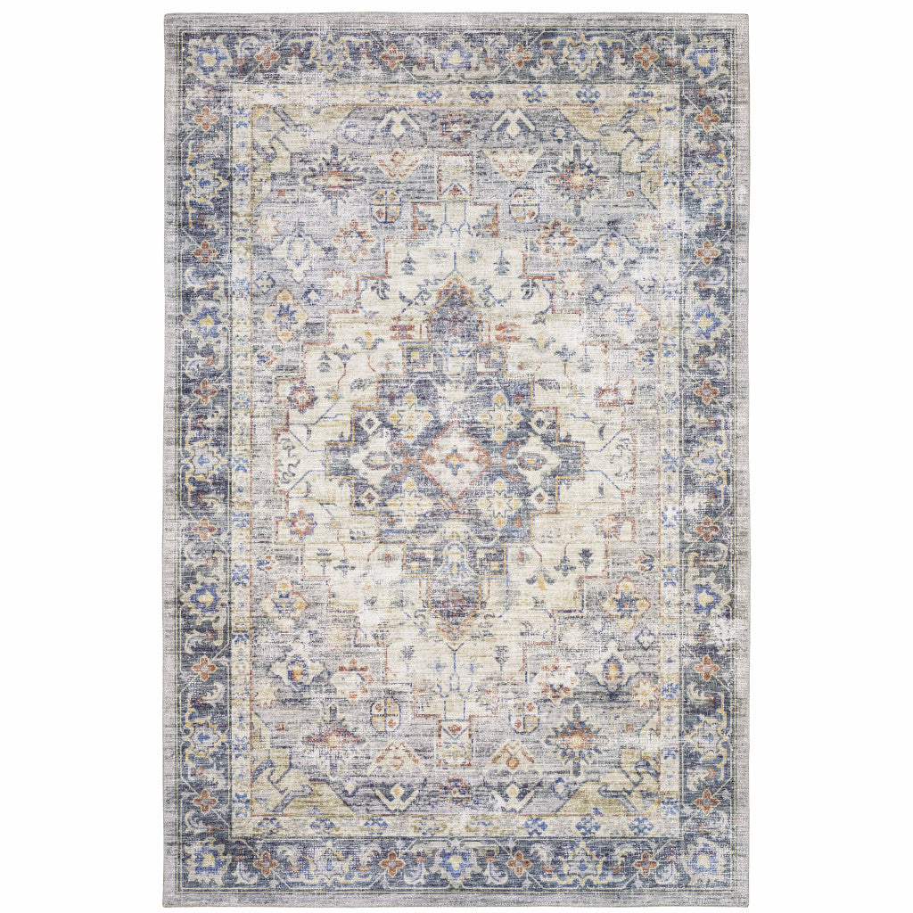 8' X 10' Blue Gold Grey Orange Yellow And Purple Oriental Power Loom Stain Resistant Area Rug