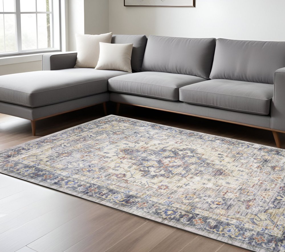 9' X 12' Blue And Gold Oriental Distressed Area Rug