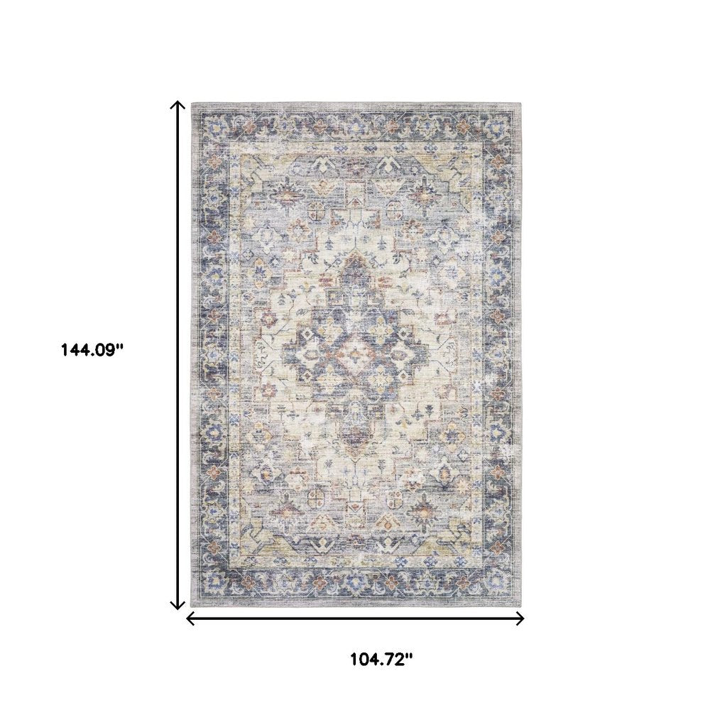 9' X 12' Blue And Gold Oriental Distressed Area Rug