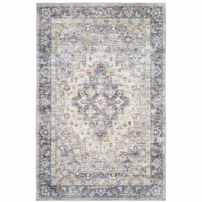 9' X 12' Blue And Gold Oriental Distressed Area Rug