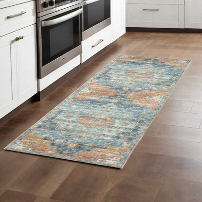 8' Rust And Blue Oriental Distressed Runner Rug