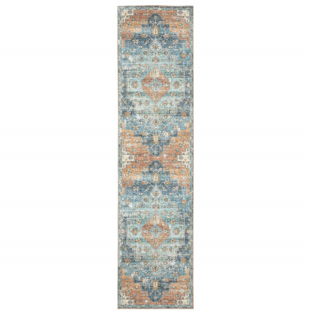 8' Rust And Blue Oriental Distressed Runner Rug