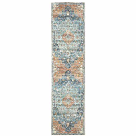 8' Rust And Blue Oriental Distressed Runner Rug
