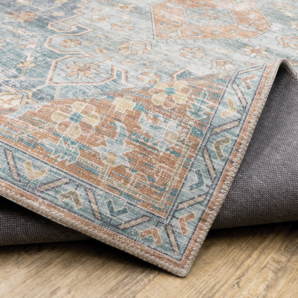 8' Rust And Blue Oriental Distressed Runner Rug