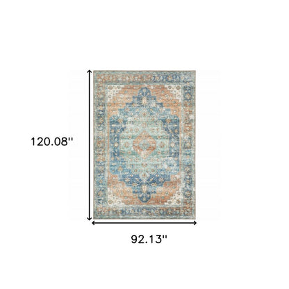 8' X 10' Rust And Blue Oriental Distressed Area Rug