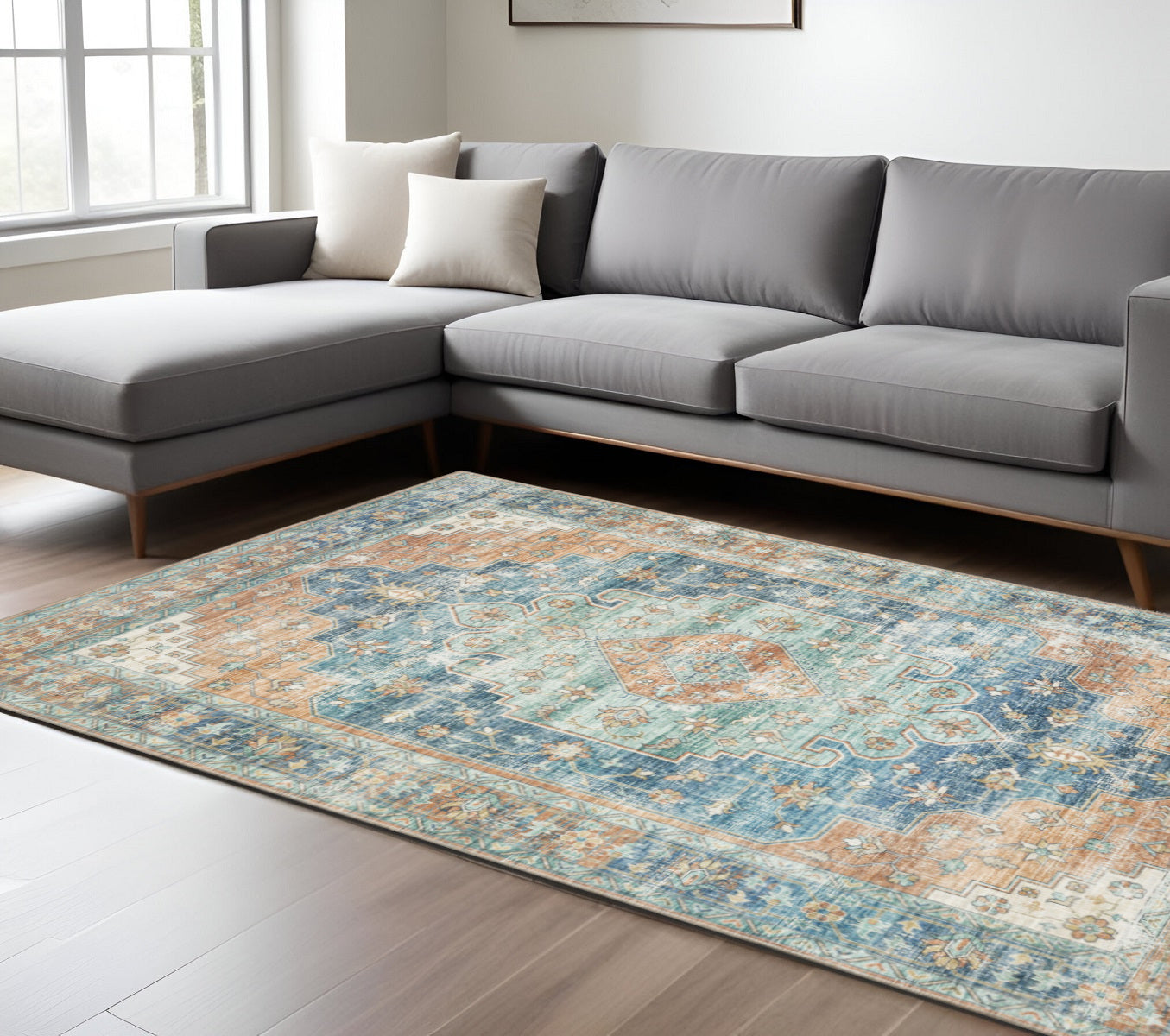 8' X 10' Blue and Orange Oriental Power Loom Area Rug