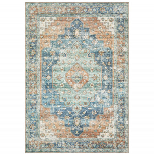 8' X 10' Rust And Blue Oriental Distressed Area Rug