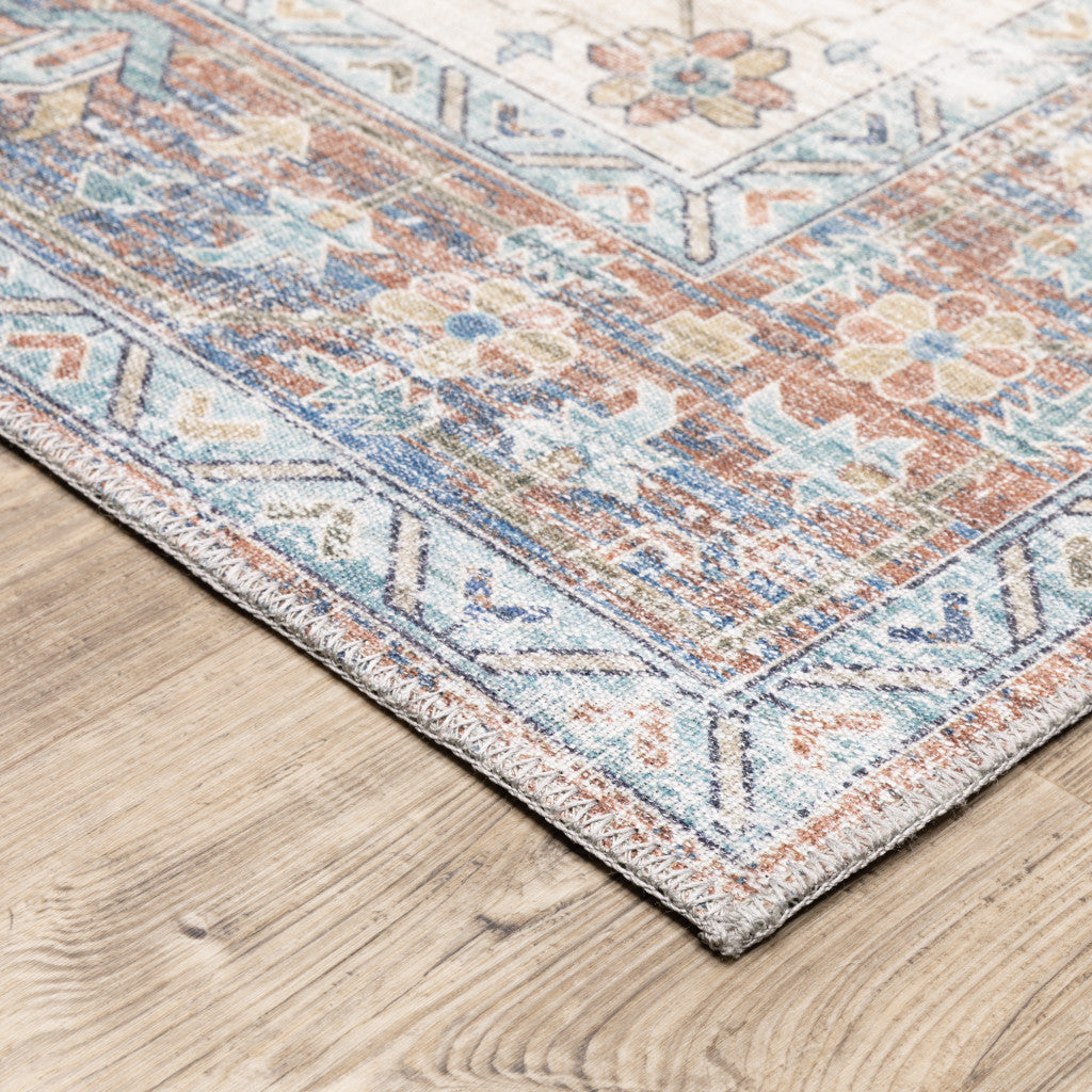 8' X 10' Blue and Orange Oriental Power Loom Area Rug