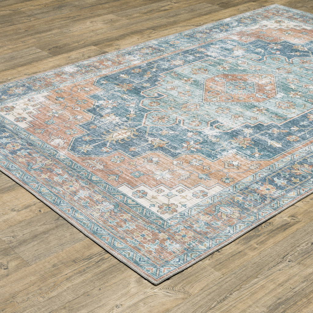 8' X 10' Blue and Orange Oriental Power Loom Area Rug