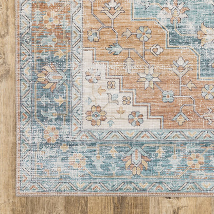 8' X 10' Rust And Blue Oriental Distressed Area Rug