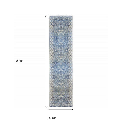8' Blue and Gray Oriental Power Loom Runner Rug