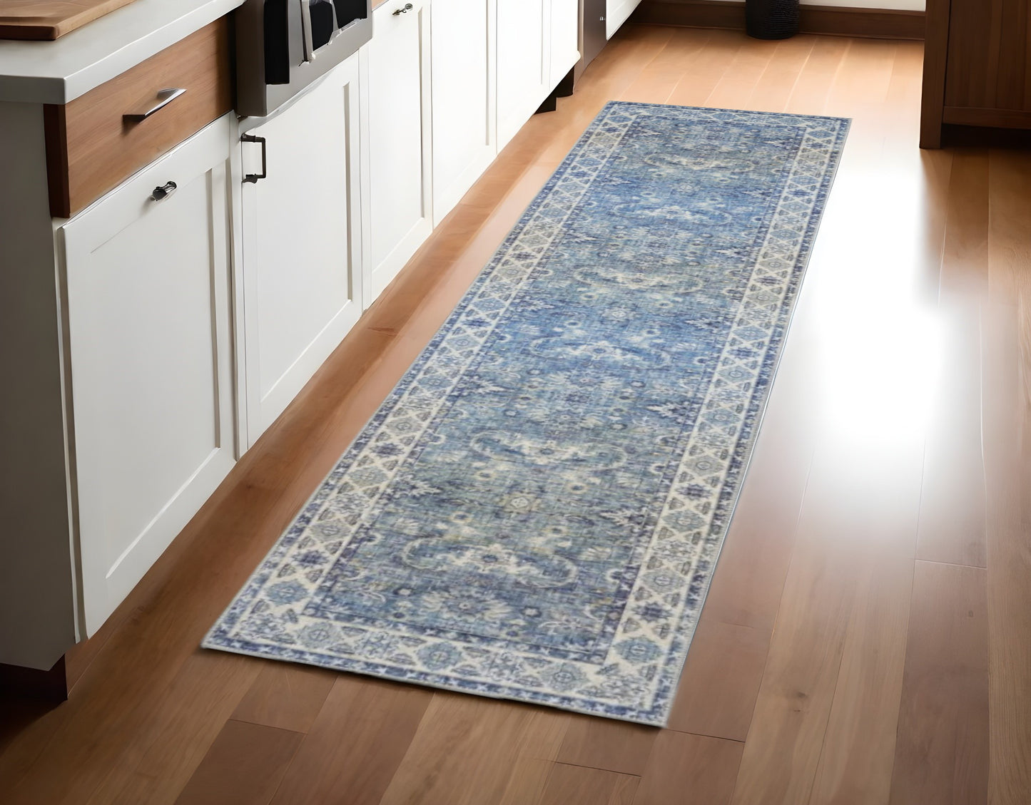 8' Blue and Gray Oriental Power Loom Runner Rug