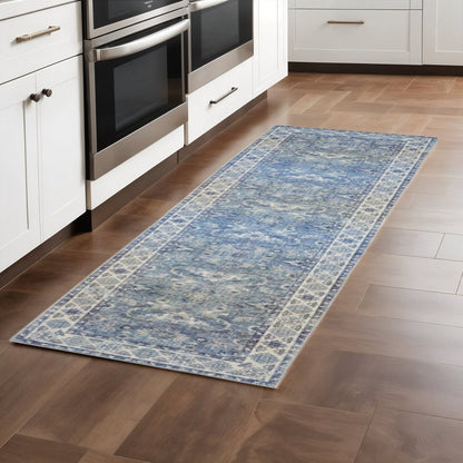 8' Blue and Gray Oriental Power Loom Runner Rug