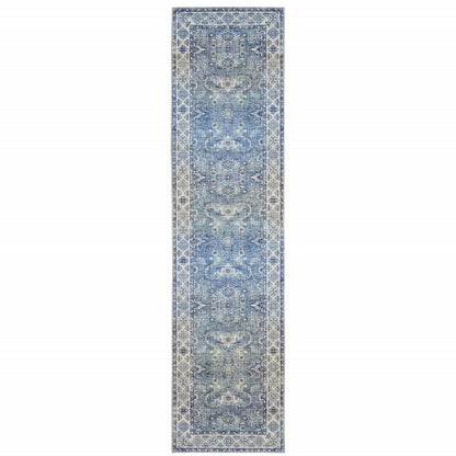 8' Blue and Gray Oriental Power Loom Runner Rug