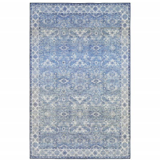 5' X 7' Blue And Grey Oriental Power Loom Stain Resistant Area Rug