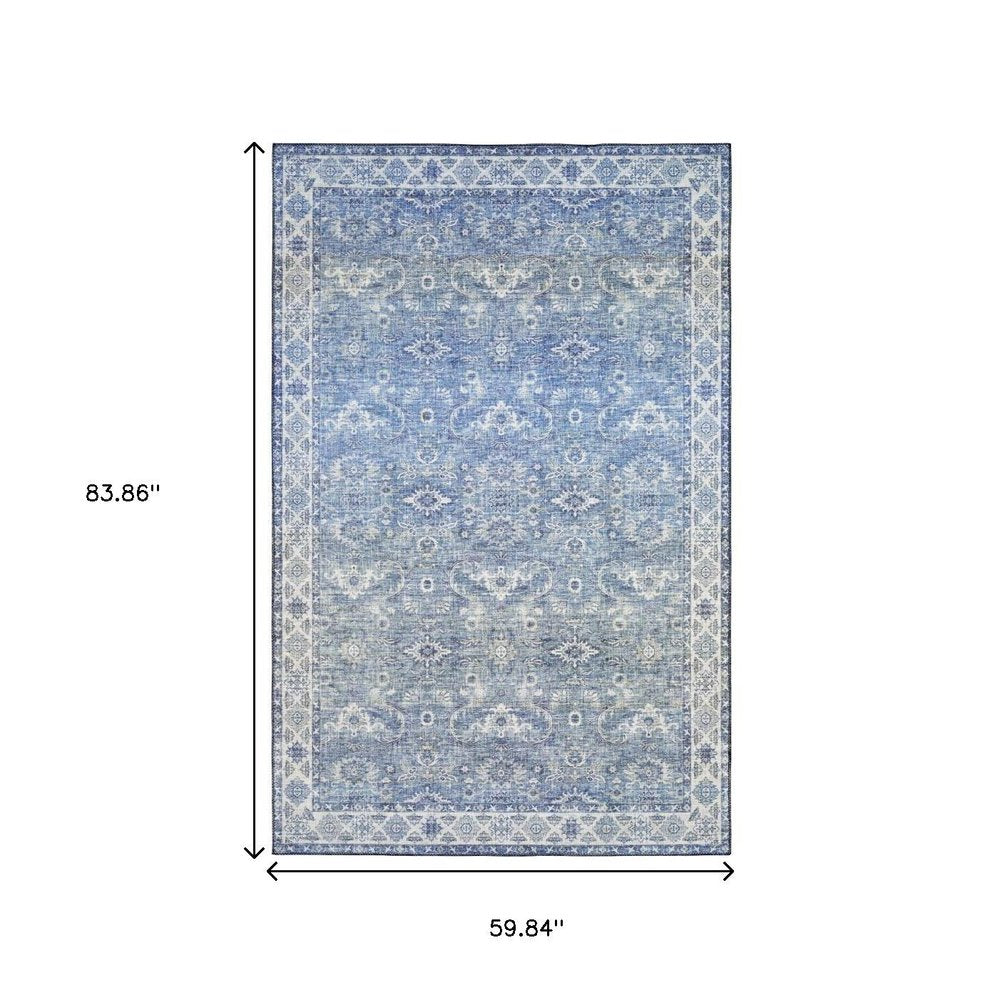 5' X 7' Blue And Grey Oriental Power Loom Stain Resistant Area Rug