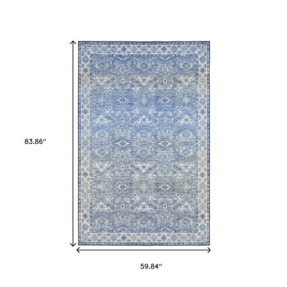 5' X 7' Blue And Grey Oriental Power Loom Stain Resistant Area Rug