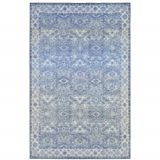 8' X 10' Blue And Ivory Oriental Distressed Area Rug