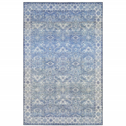 9' X 12' Blue And Ivory Oriental Distressed Area Rug