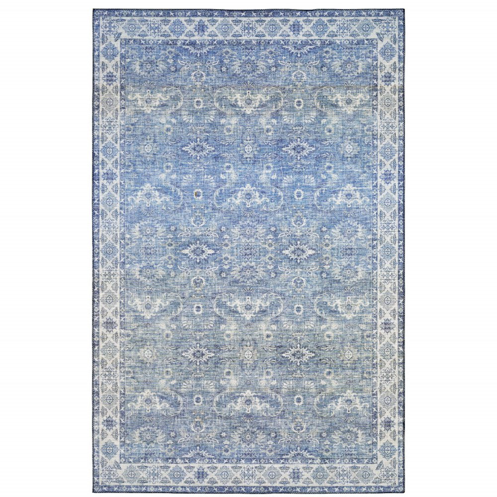 9' X 12' Blue And Ivory Oriental Distressed Area Rug