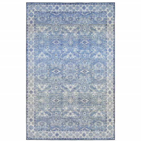 9' X 12' Blue And Grey Oriental Power Loom Stain Resistant Area Rug