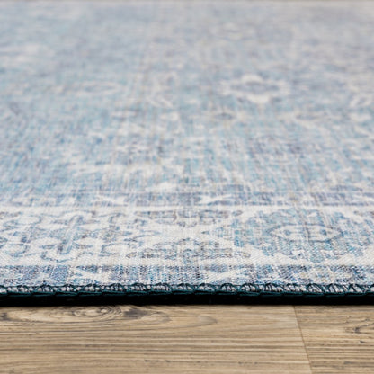 9' X 12' Blue And Ivory Oriental Distressed Area Rug