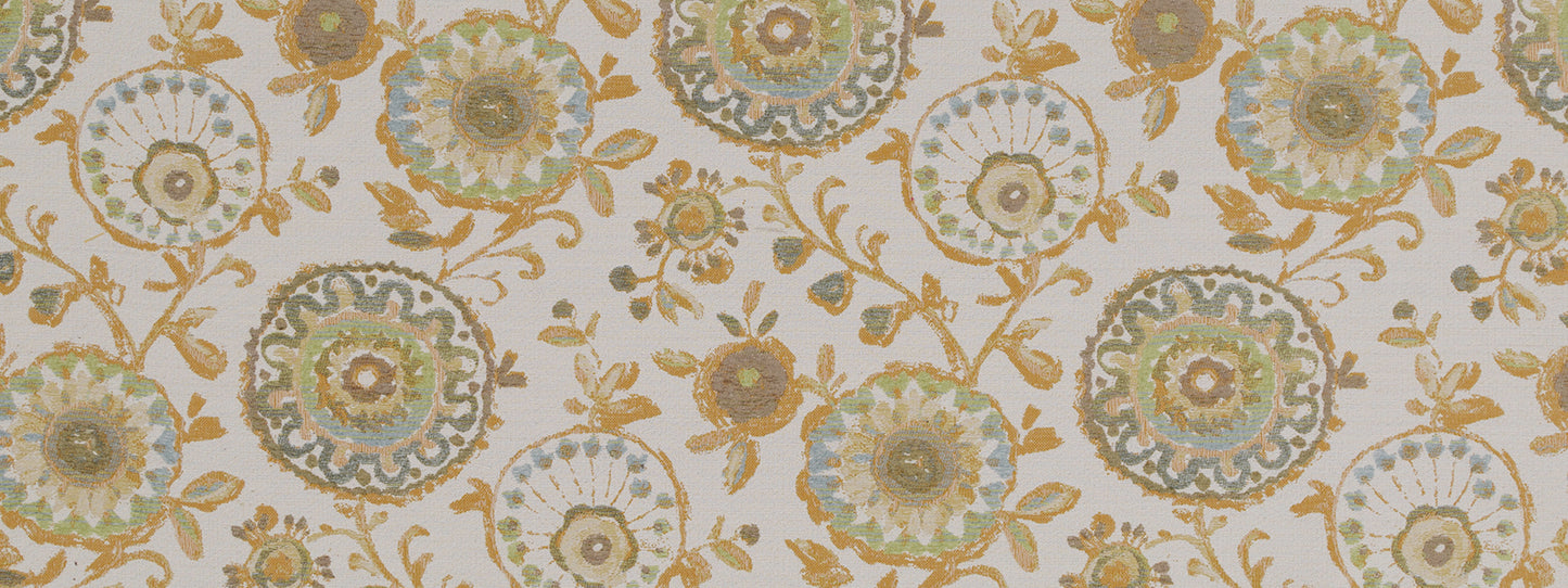 Cream fabric with gold, teal, and pale blue circular floral medallions and vines.