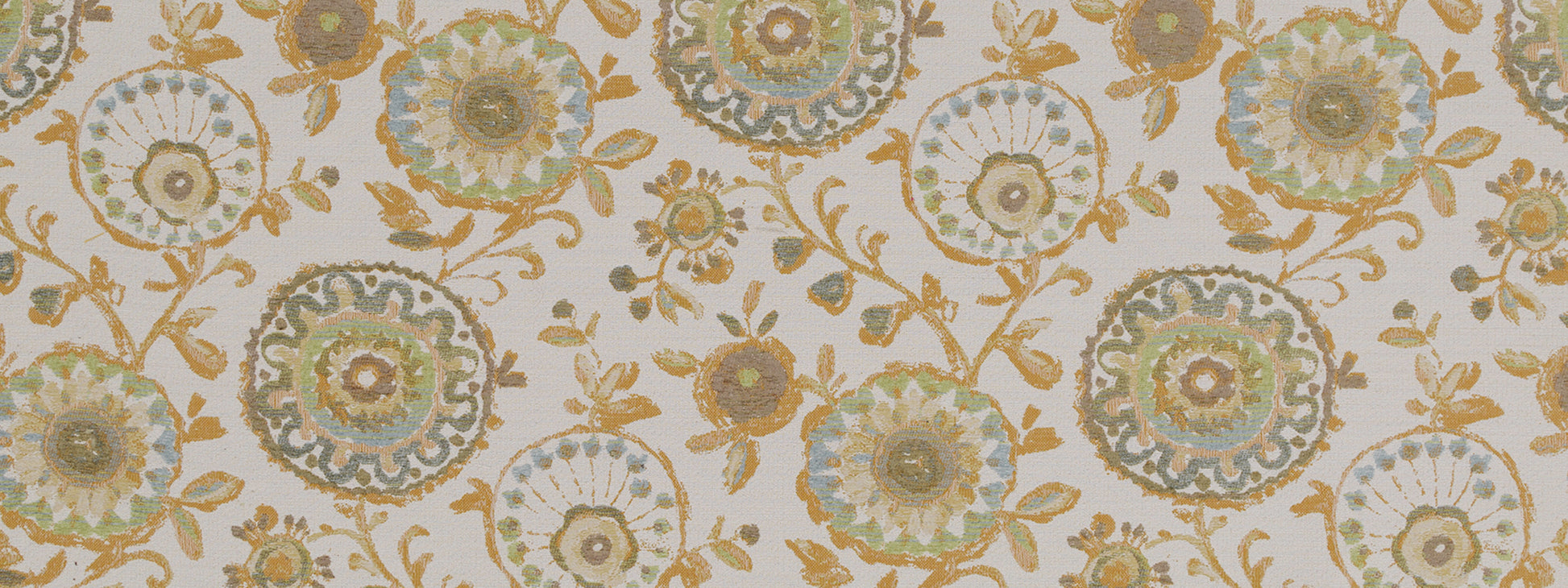 Cream fabric with gold, teal, and pale blue circular floral medallions and vines.