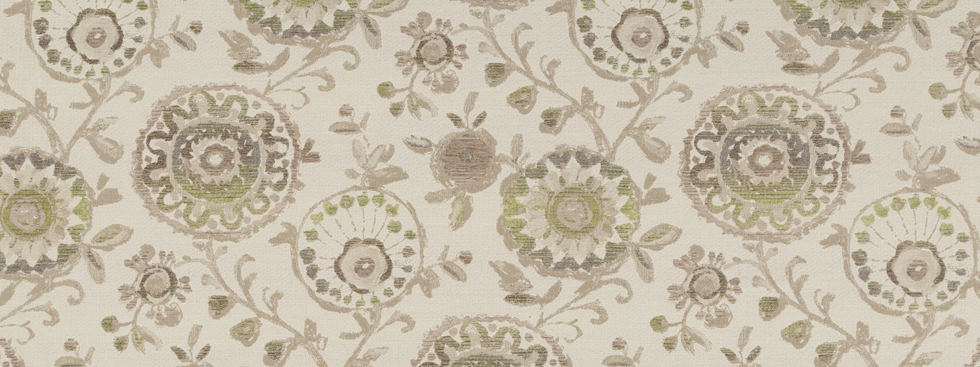 Soft beige damask upholstery fabric with circular floral medallions in taupe and sage green.