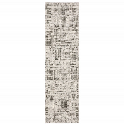 2' X 8' Ivory Grey Charcoal Brown And Beige Abstract Power Loom Stain Resistant Runner Rug