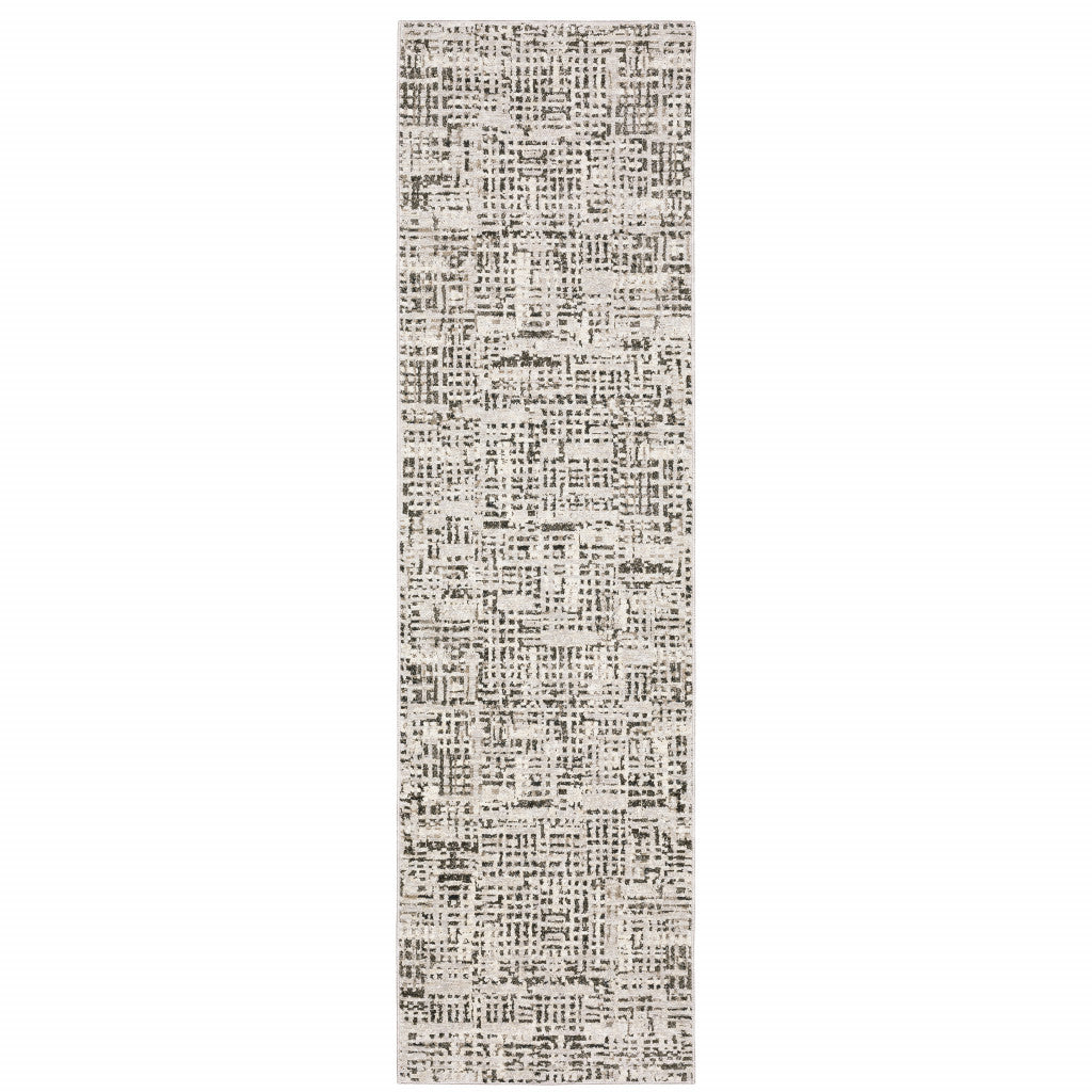 2' X 8' Ivory Grey Charcoal Brown And Beige Abstract Power Loom Stain Resistant Runner Rug