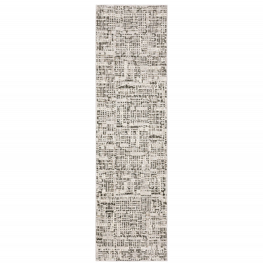 2' X 8' Ivory Grey Charcoal Brown And Beige Abstract Power Loom Stain Resistant Runner Rug