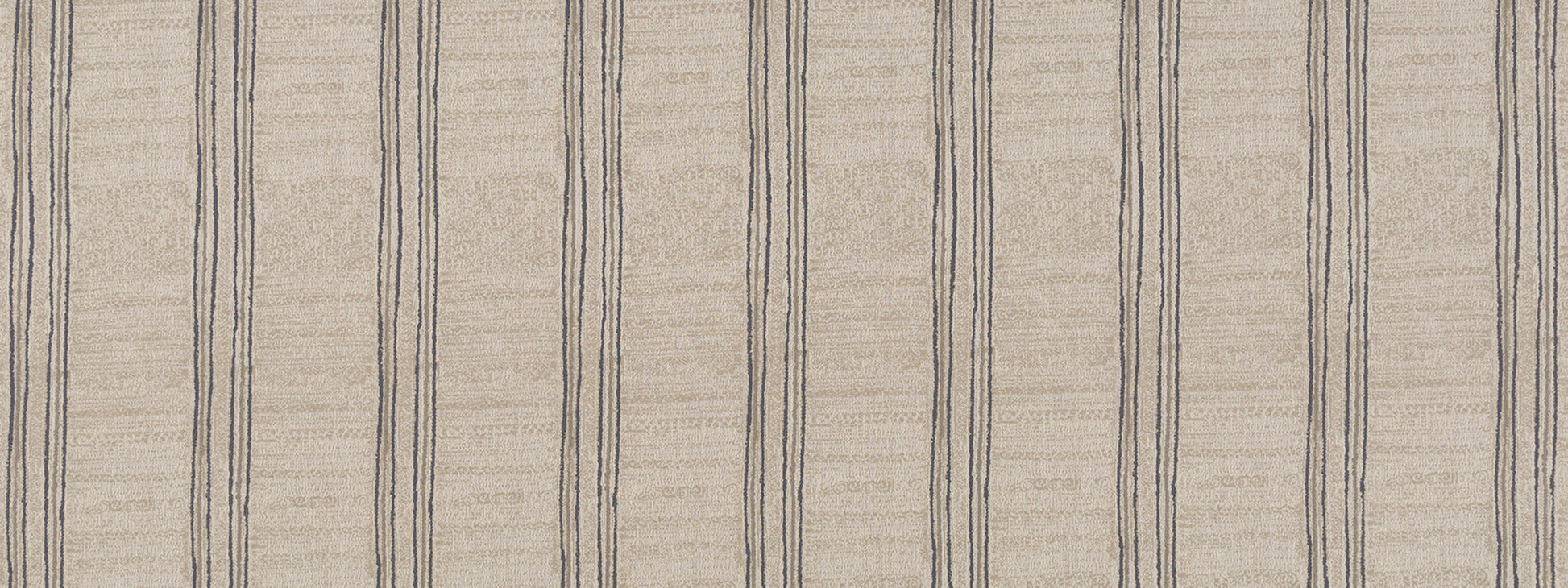 Beige woven fabric with narrow vertical charcoal stripes; upholstery textile.