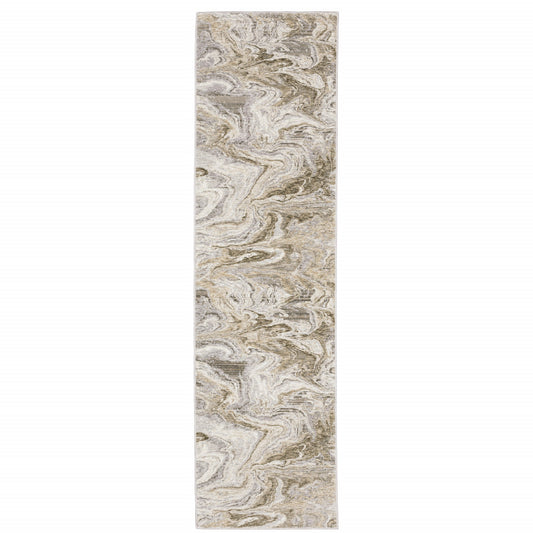 2' X 8' Ivory Tan Beige Grey And Brown Abstract Power Loom Stain Resistant Runner Rug