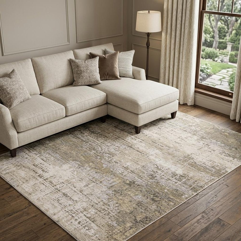 7' X 10' Beige And Gray Abstract Distressed Area Rug