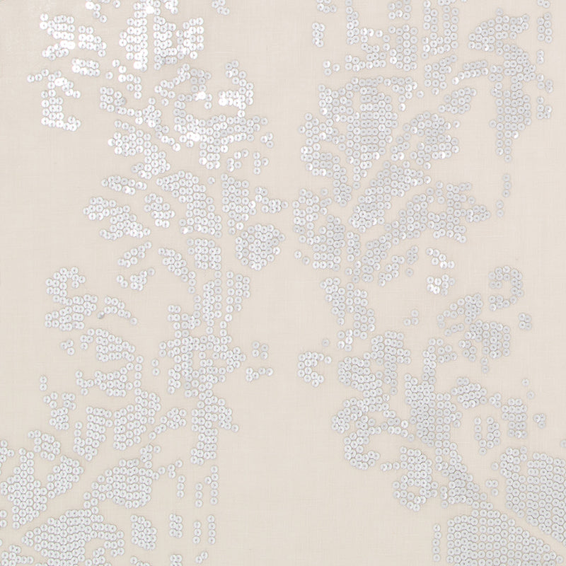 Ivory sheer drapery fabric with white sequin floral embroidery and a delicate vine pattern.