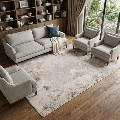 7' X 10' Ivory And Beige Abstract Distressed Area Rug