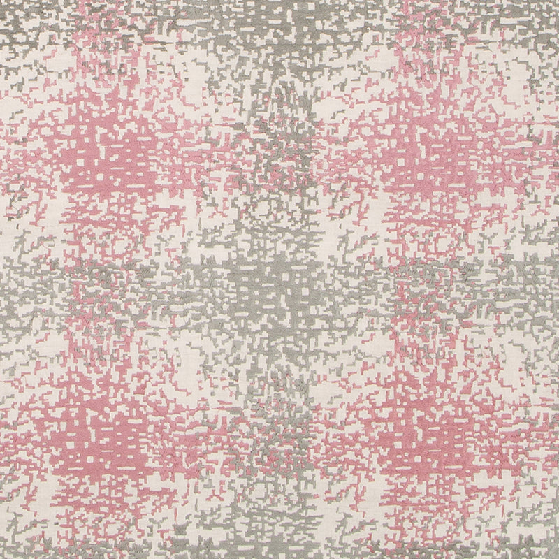 Abstract patterned drapery in pink, gray and cream with a pixelated, distressed block design.