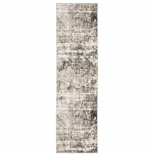 2' X 8' Grey Ivory Beige Charcoal Black Tan And Brown Abstract Power Loom Stain Resistant Runner Rug