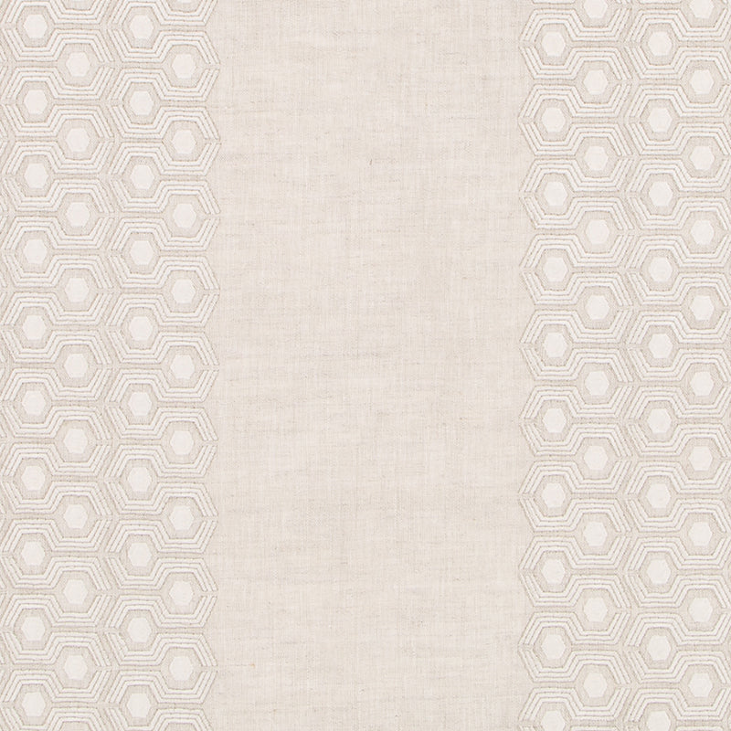 Beige linen drapery panel with pale hex honeycomb borders on both sides and a plain center.