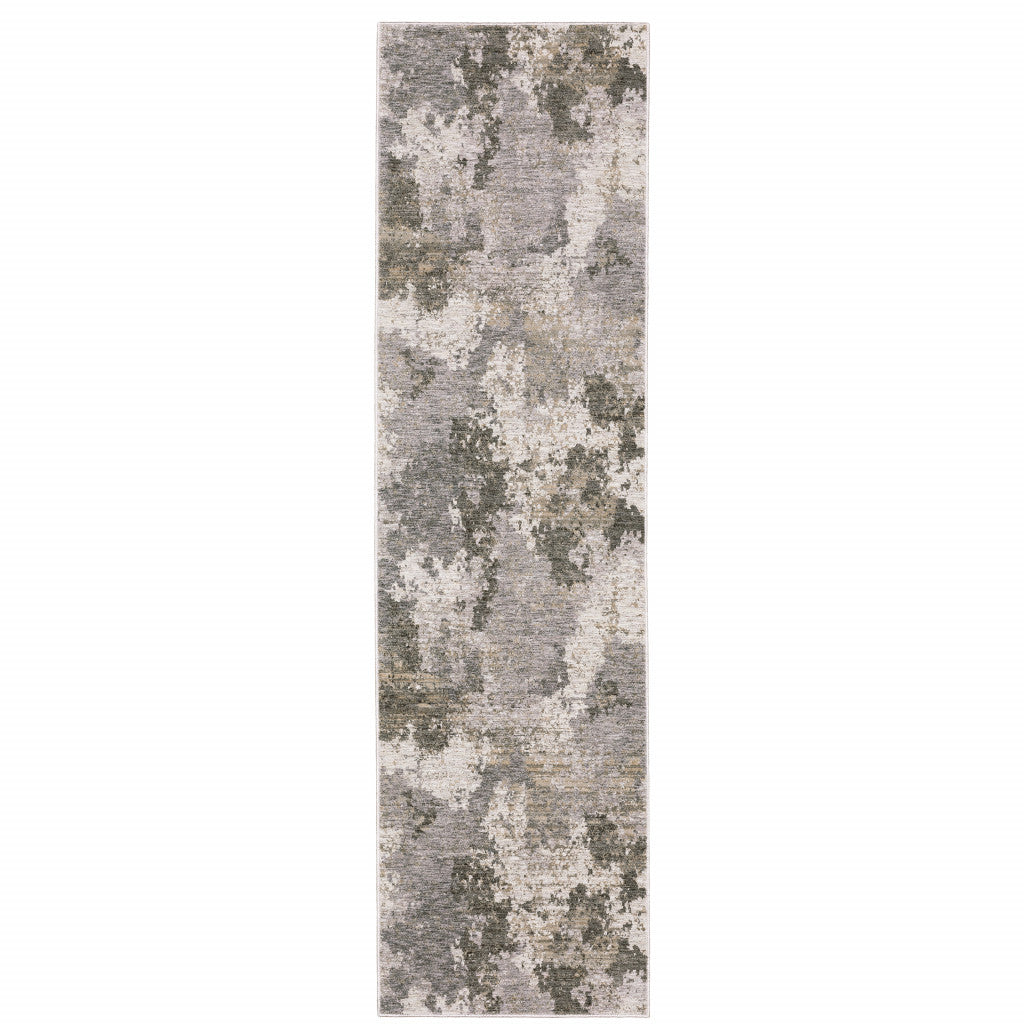 2' X 8' Grey Ivory Beige Tan Brown And Black Abstract Power Loom Stain Resistant Runner Rug